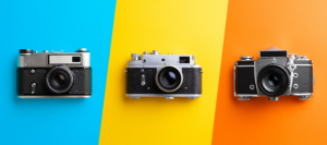 Cameras on colorful backgrounds